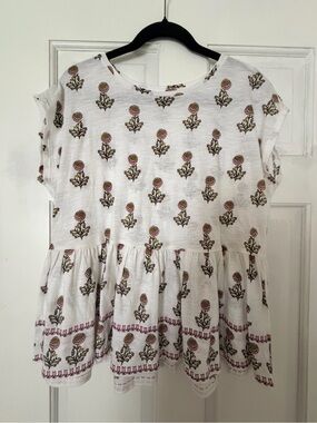 LOFT White Top with Pink & Olive Floral Print